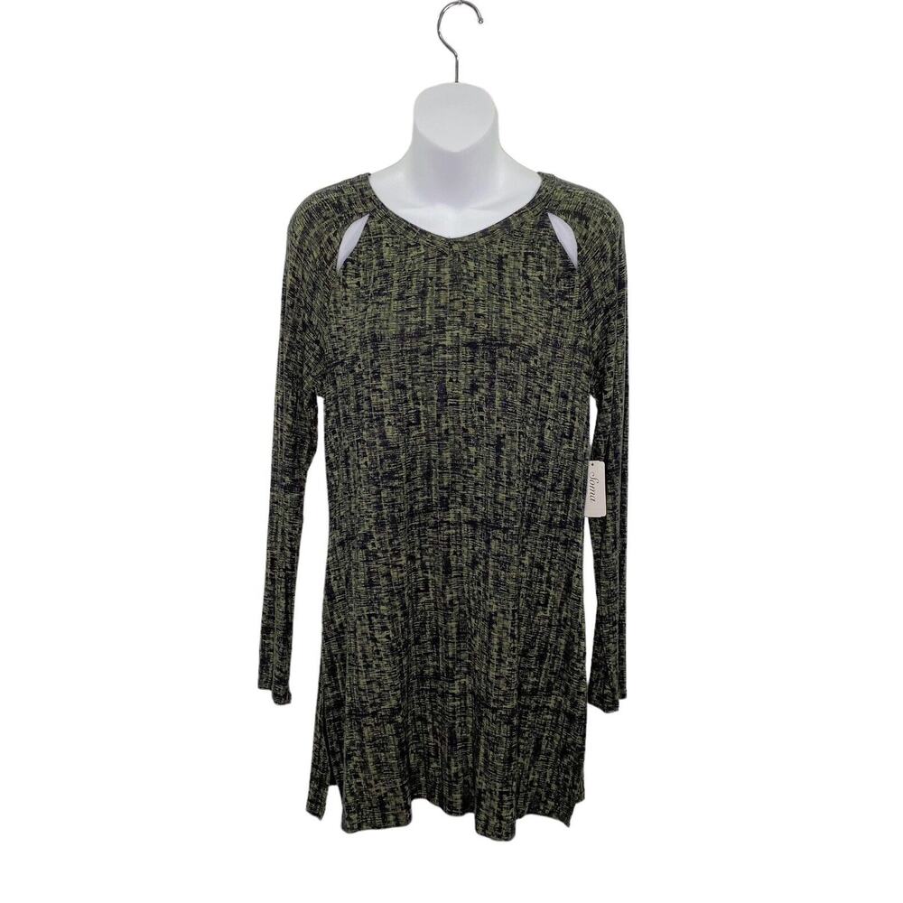Soma Tunic Top Small Green/Black Radiant Print Side Slit Long Sleeve Cutout Soft